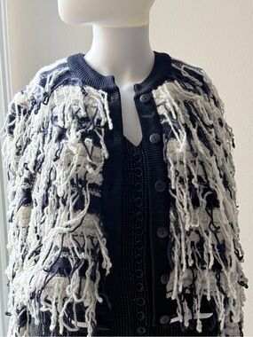 Hilfiger Collection Women's Black and White Fringe Knit Cardigan Sweater